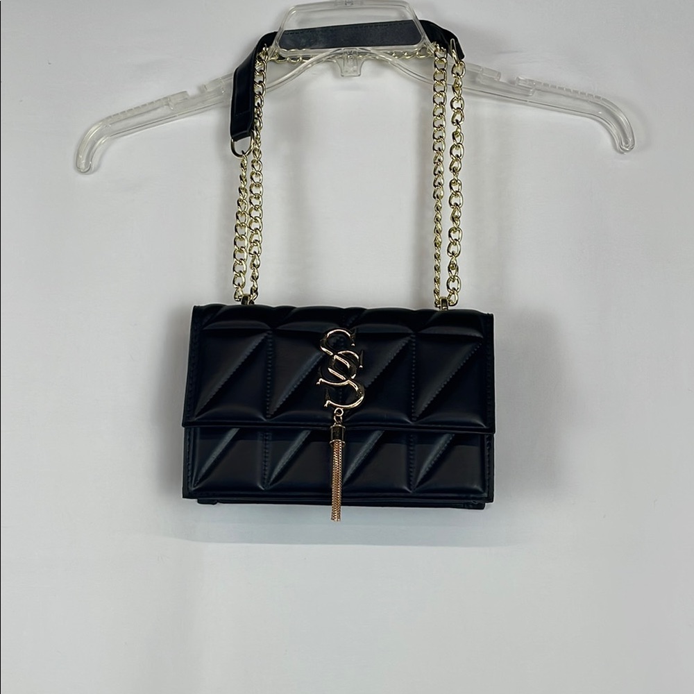 Black and Gold Quilted Crossbody Bag with Chain Strap and Snap Closure